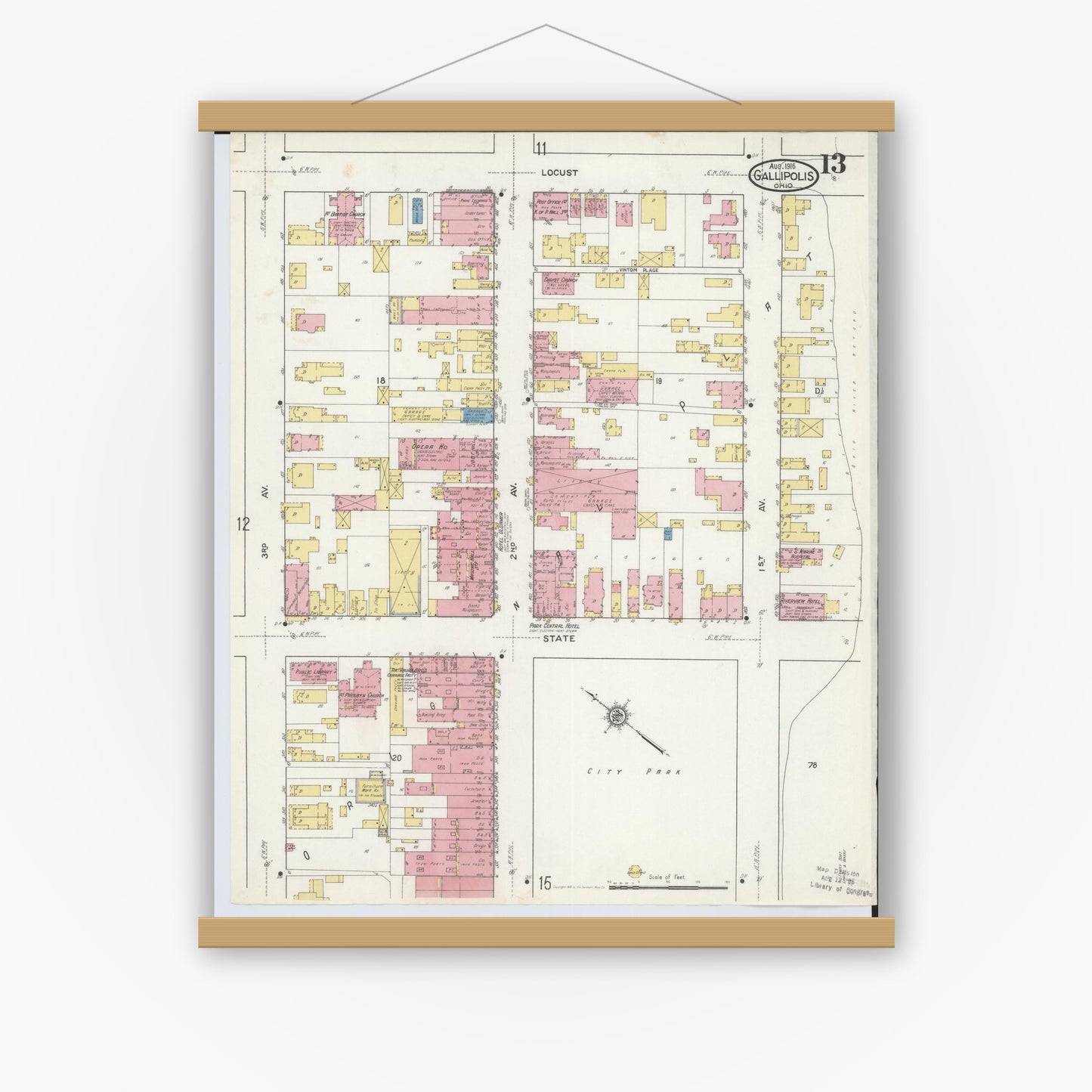 Old map wall art mockup — magnetic wood frame on white wall — Sanborn Fire Insurance Map from Gallipolis, Gallia County, Ohio (1916), Sheet #0013