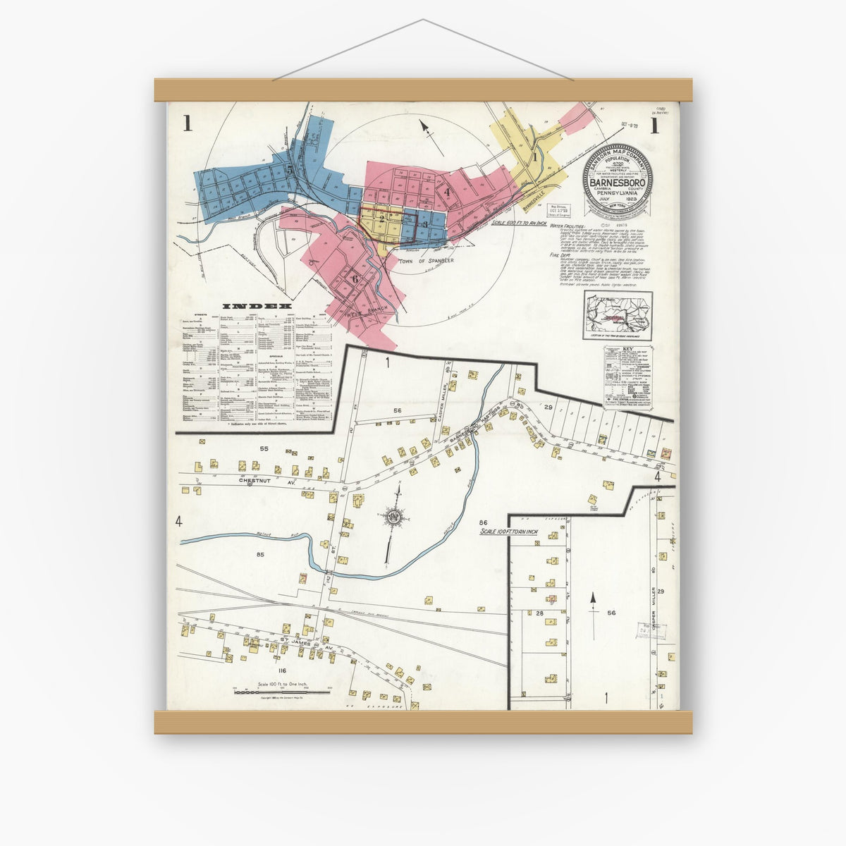 Old map wall art mockup — magnetic wood frame on white wall — Sanborn Fire Insurance Map from Barnesboro, Cambria County, Pennsylvania (1923), Sheet #0001