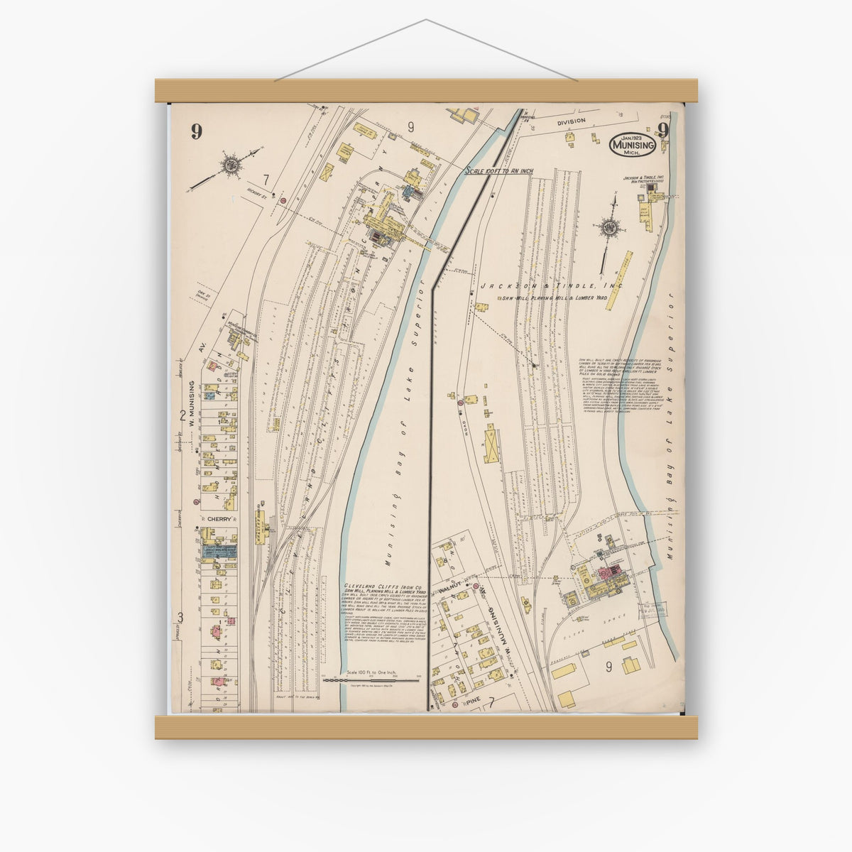 Old map wall art mockup — magnetic wood frame on white wall — Sanborn Fire Insurance Map from Munising, Alger County, Michigan (1923), Sheet #0009