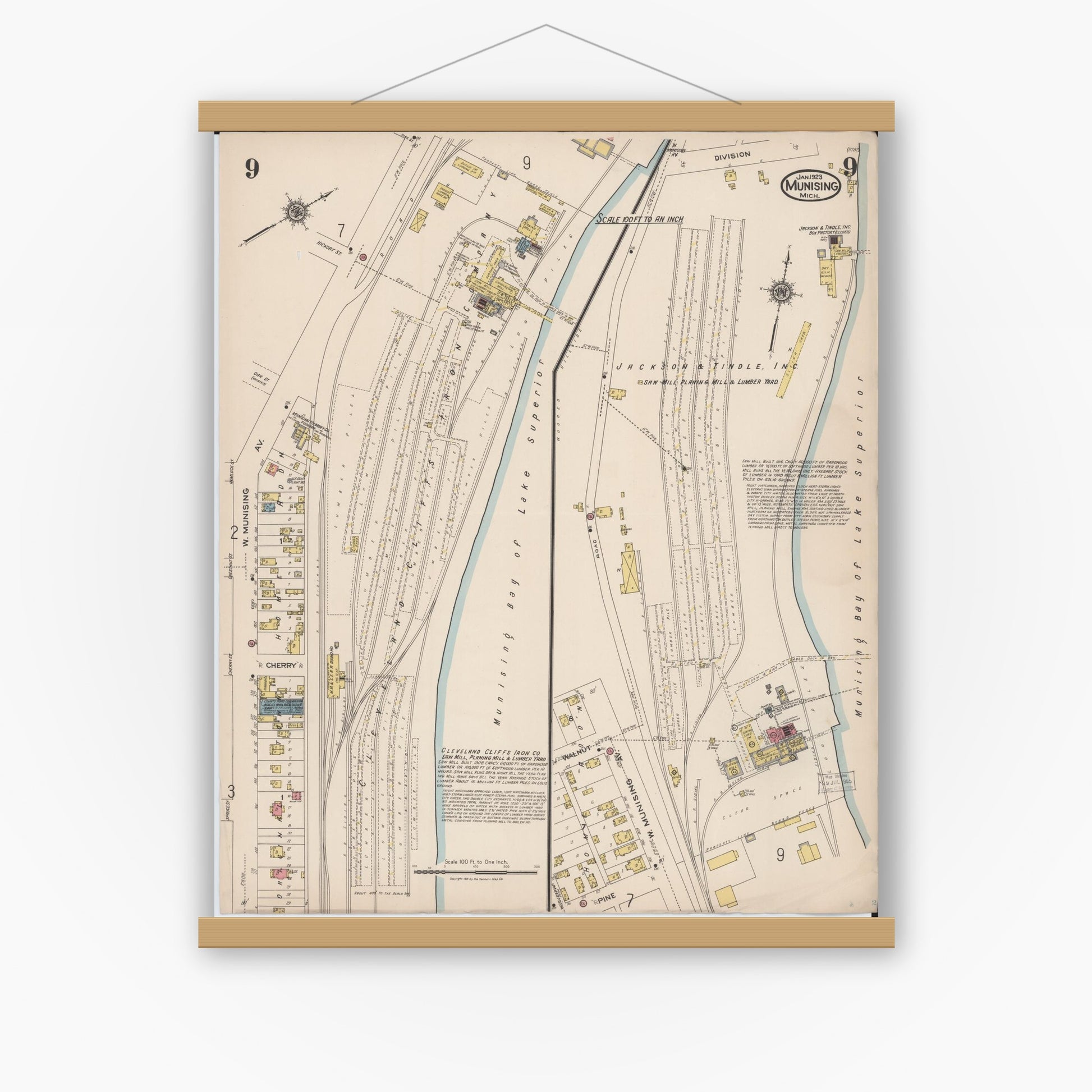 Old map wall art mockup — magnetic wood frame on white wall — Sanborn Fire Insurance Map from Munising, Alger County, Michigan (1923), Sheet #0009