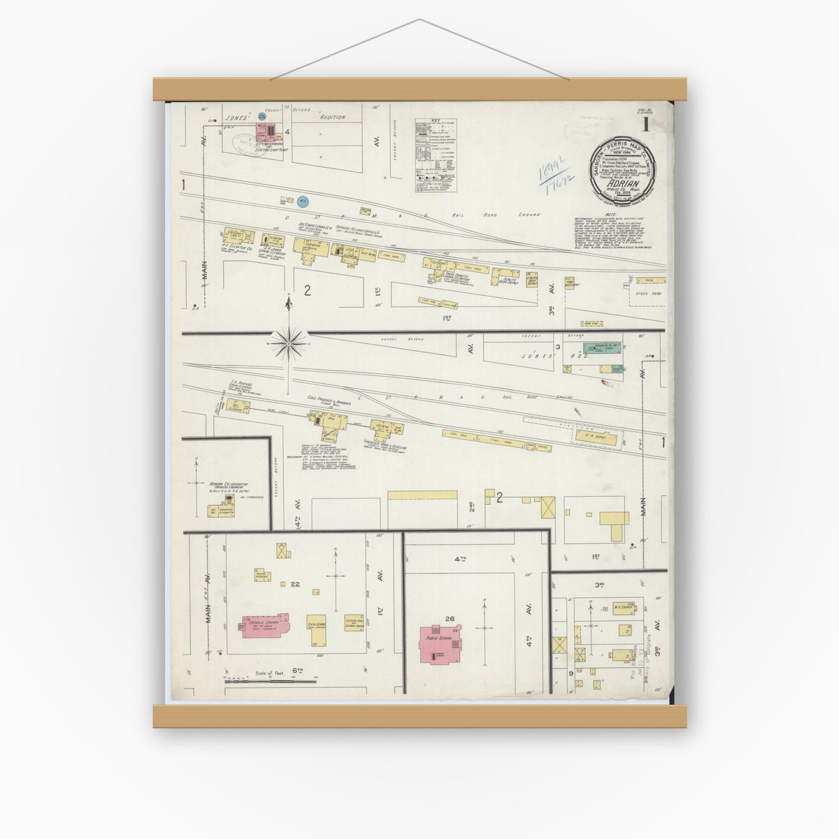 Old map wall art mockup — magnetic wood frame on white wall — Sanborn Fire Insurance Map from Adrian, Nobles County, Minnesota (1899) - Complete Map Set