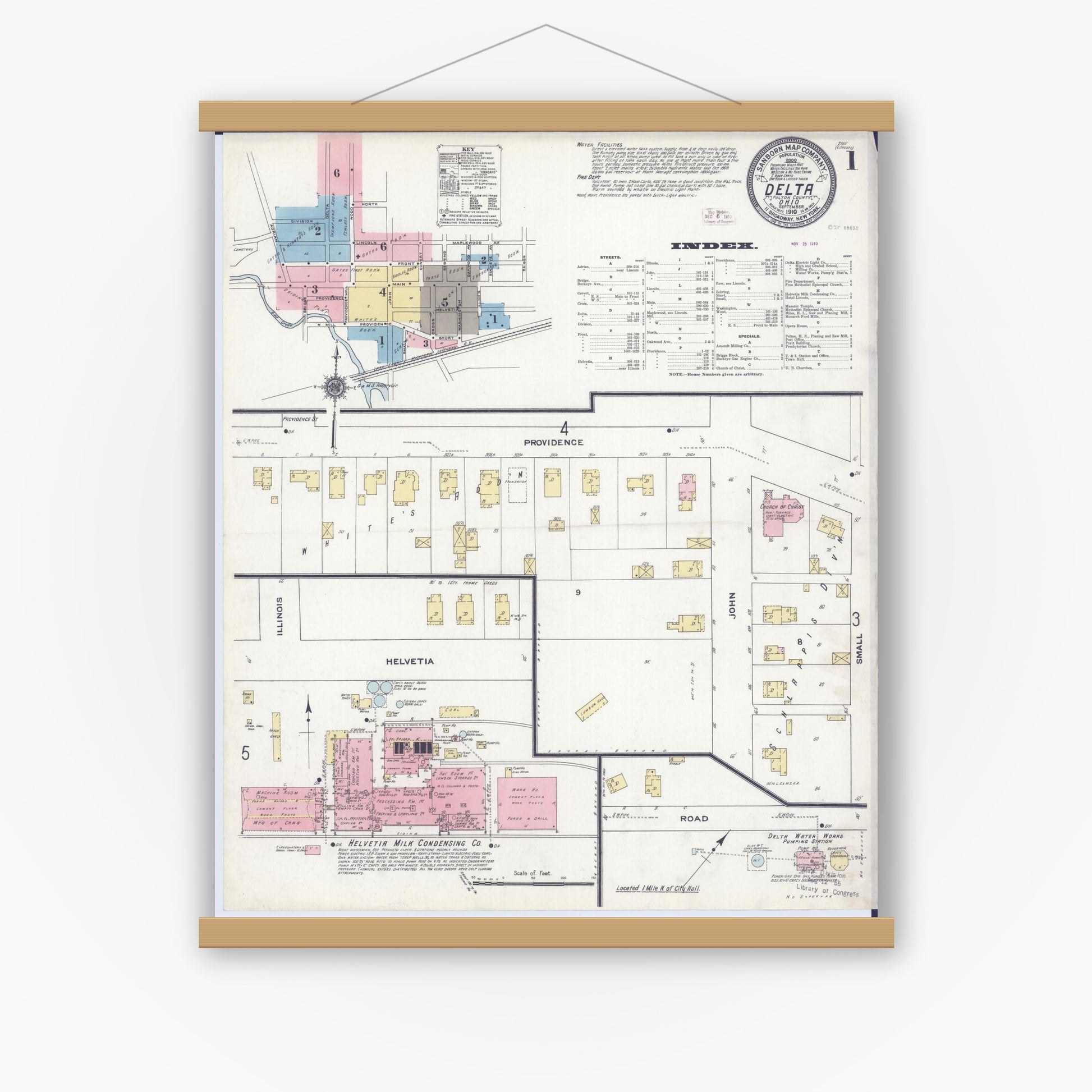 Old map wall art mockup — magnetic wood frame on white wall — Sanborn Fire Insurance Map from Delta, Fulton County, Ohio (1910) - Complete Map Set