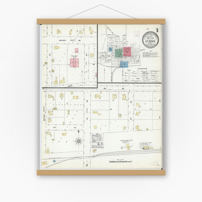 Old map wall art mockup — magnetic wood frame on white wall — Sanborn Fire Insurance Map from La Harpe, Hancock County, Illinois (1906) - Complete Map Set