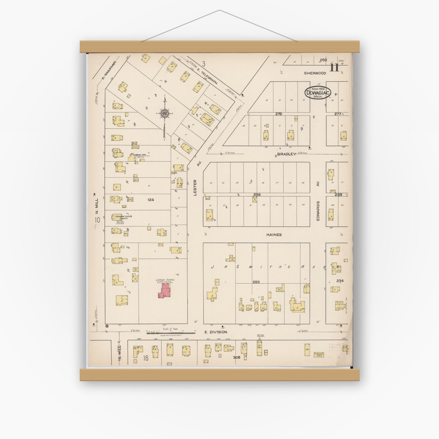 Old map wall art mockup — magnetic wood frame on white wall — Sanborn Fire Insurance Map from Dowagiac, Cass County, Michigan (1922), Sheet #0011