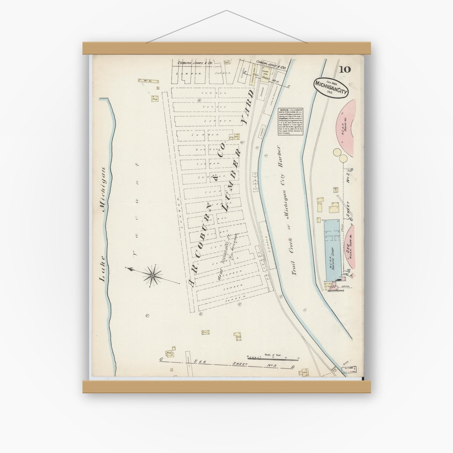 Old map wall art mockup — magnetic wood frame on white wall — Sanborn Fire Insurance Map from Michigan City, La Porte  County, Indiana (1884), Sheet #0010