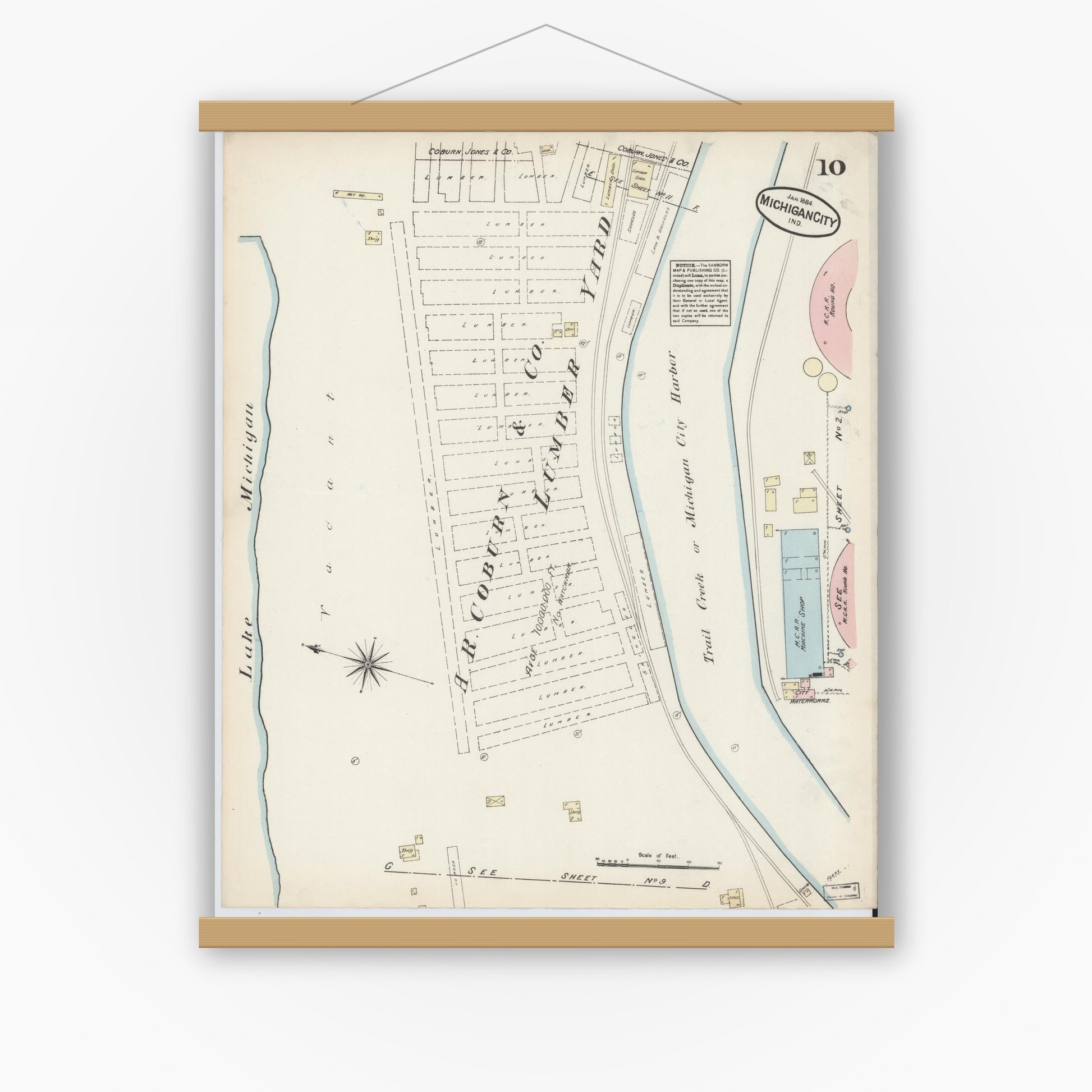 Old map wall art mockup — magnetic wood frame on white wall — Sanborn Fire Insurance Map from Michigan City, La Porte  County, Indiana (1884), Sheet #0010