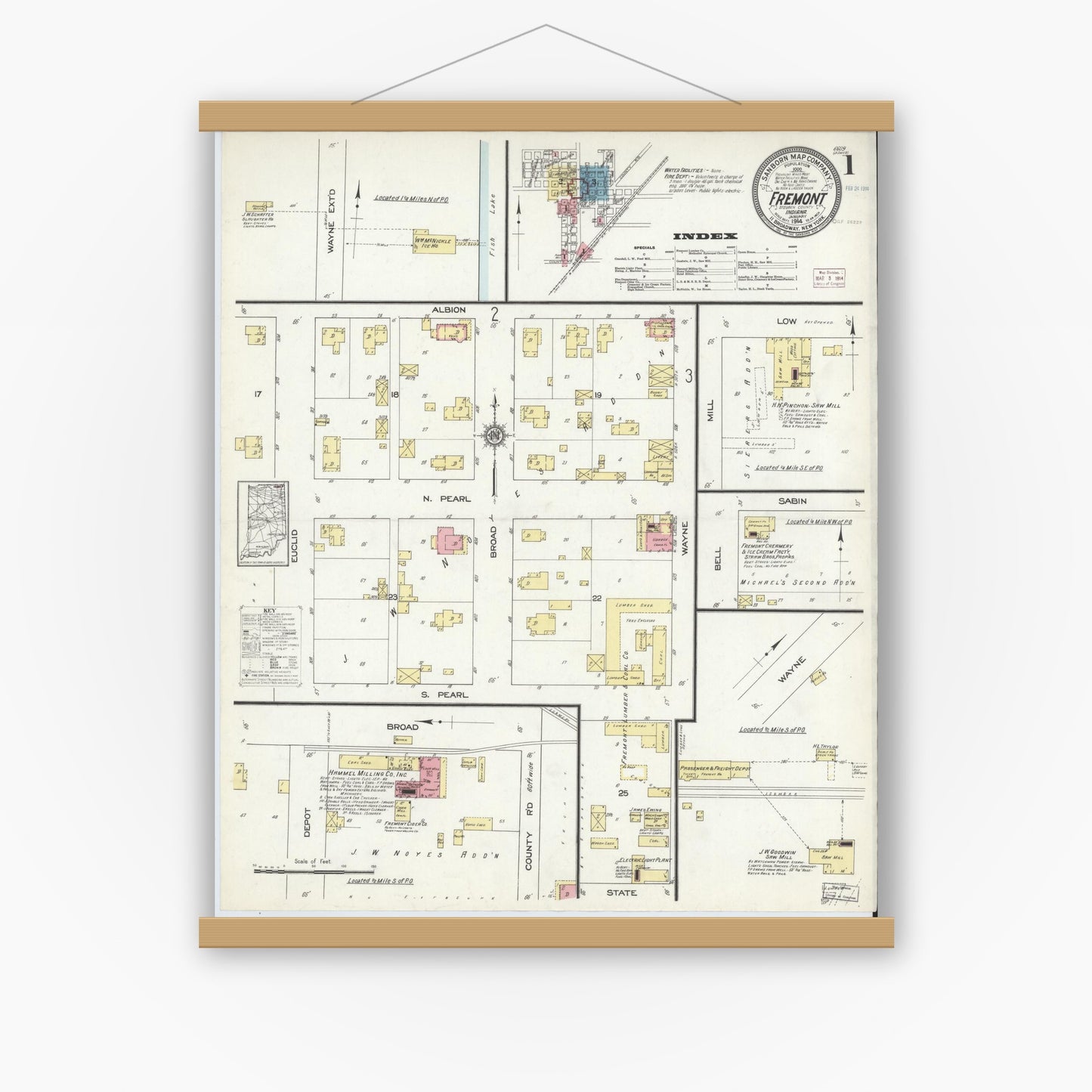 Old map wall art mockup — magnetic wood frame on white wall — Sanborn Fire Insurance Map from Fremont, Steuben County, Indiana (1914) - Complete Map Set