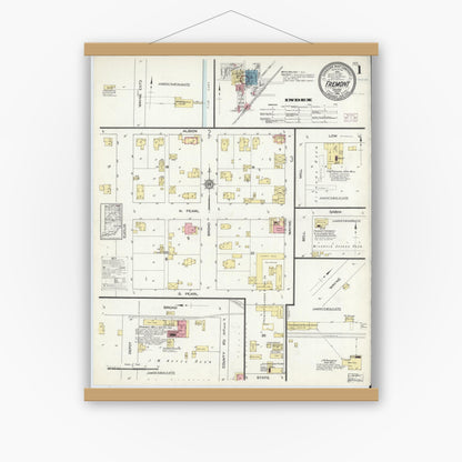 Old map wall art mockup — magnetic wood frame on white wall — Sanborn Fire Insurance Map from Fremont, Steuben County, Indiana (1914) - Complete Map Set