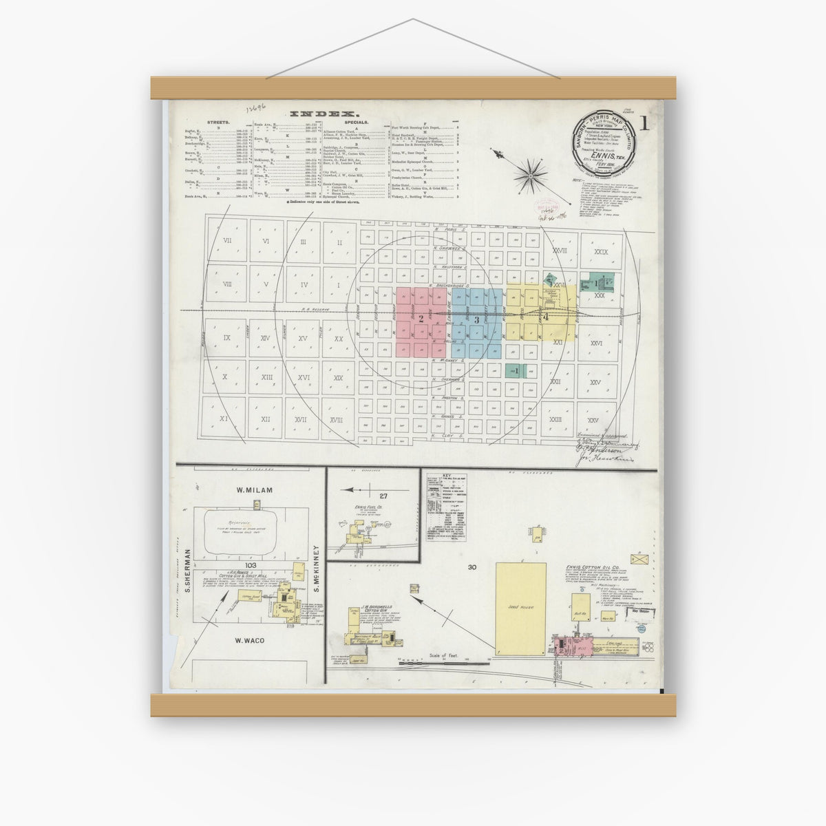 Old map wall art mockup — magnetic wood frame on white wall — Sanborn Fire Insurance Map from Ennis, Ellis County, Texas (1896), Sheet #0001