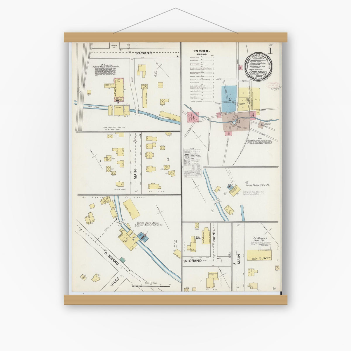 Old map wall art mockup — magnetic wood frame on white wall — Sanborn Fire Insurance Map from Cobleskill, Schoharie County, New York (1892) - Complete Map Set
