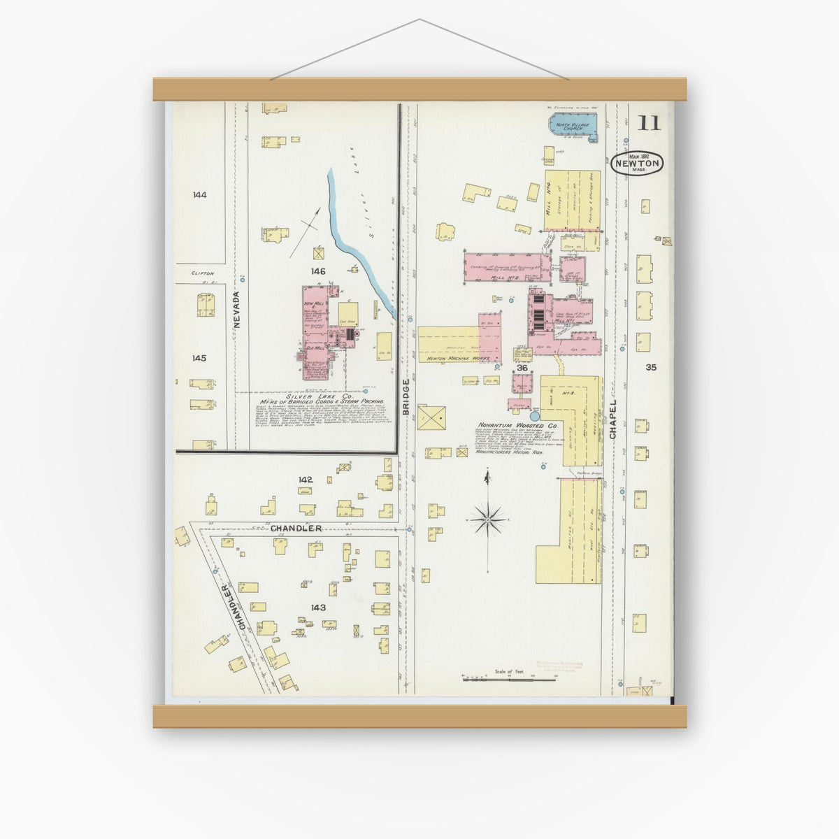 Old map wall art mockup — magnetic wood frame on white wall — Sanborn Fire Insurance Map from Newton, Middlesex County, Massachusetts (1892), Sheet #0011