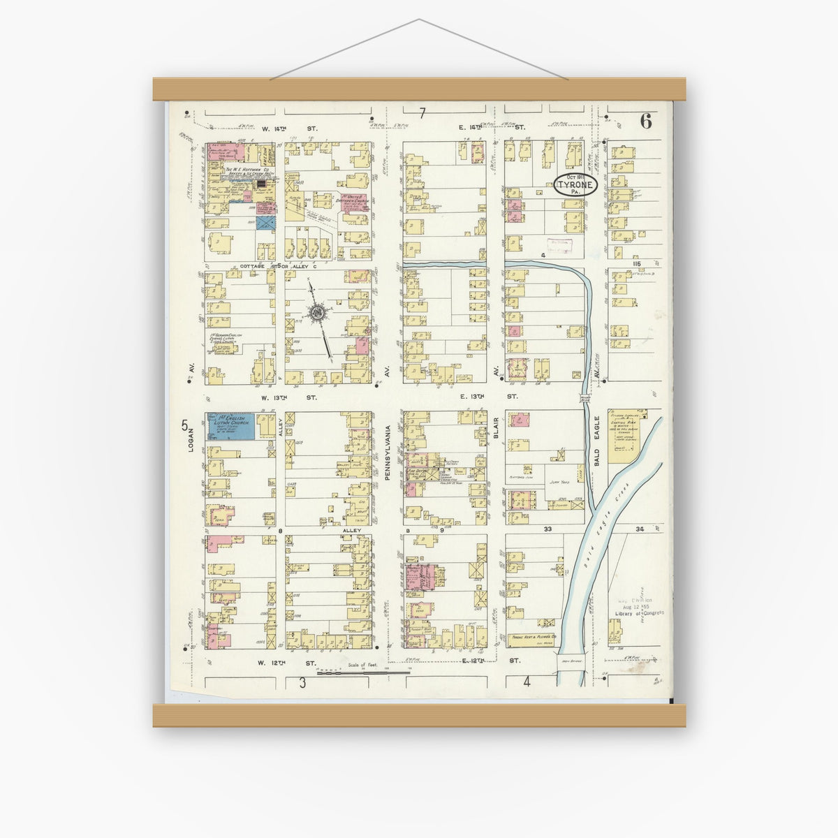 Old map wall art mockup — magnetic wood frame on white wall — Sanborn Fire Insurance Map from Tyrone, Blair County, Pennsylvania (1911), Sheet #0006