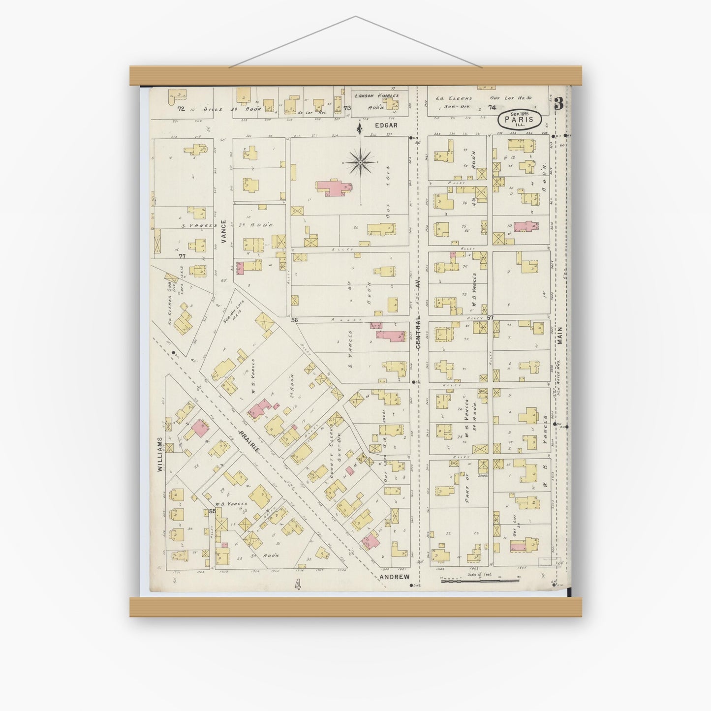 Old map wall art mockup — magnetic wood frame on white wall — Sanborn Fire Insurance Map from Paris, Edgar County, Illinois (1895), Sheet #0003