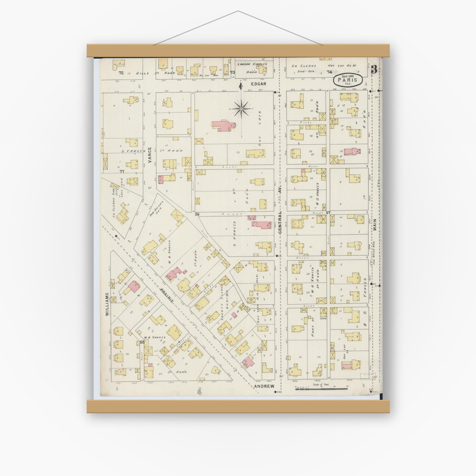 Old map wall art mockup — magnetic wood frame on white wall — Sanborn Fire Insurance Map from Paris, Edgar County, Illinois (1895), Sheet #0003