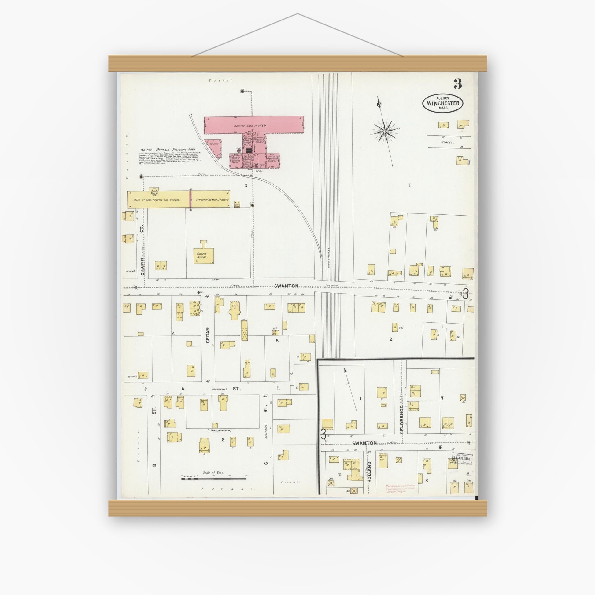 Old map wall art mockup — magnetic wood frame on white wall — Sanborn Fire Insurance Map from Winchester, Middlesex County, Massachusetts (1899), Sheet #0003