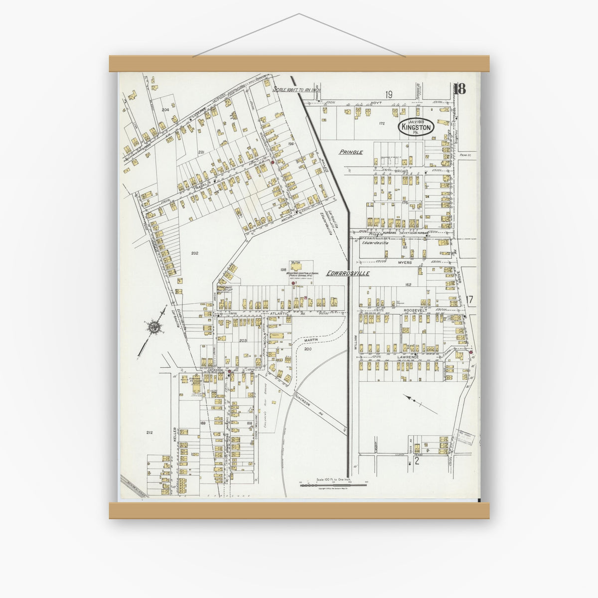 Old map wall art mockup — magnetic wood frame on white wall — Sanborn Fire Insurance Map from Kingston, Luzerne County, Pennsylvania (1919), Sheet #0018