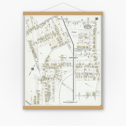 Old map wall art mockup — magnetic wood frame on white wall — Sanborn Fire Insurance Map from Kingston, Luzerne County, Pennsylvania (1919), Sheet #0018