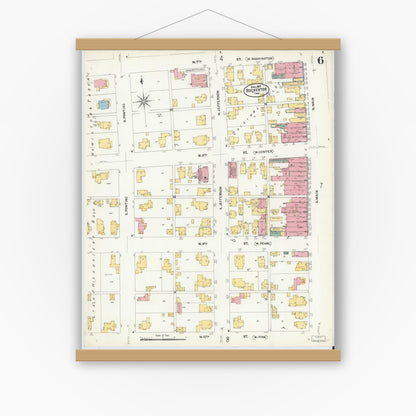Old map wall art mockup — magnetic wood frame on white wall — Sanborn Fire Insurance Map from Rochester, Fulton County, Indiana (1907), Sheet #0006