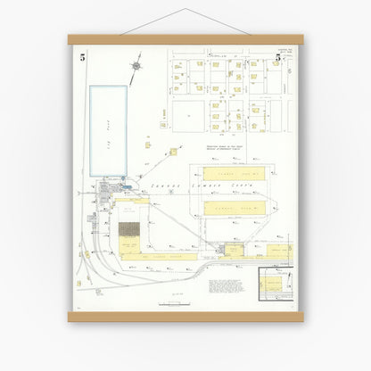 Old map wall art mockup — magnetic wood frame on white wall — Sanborn Fire Insurance Map from Conroe, Montgomery County, Texas (1938), Sheet #0005