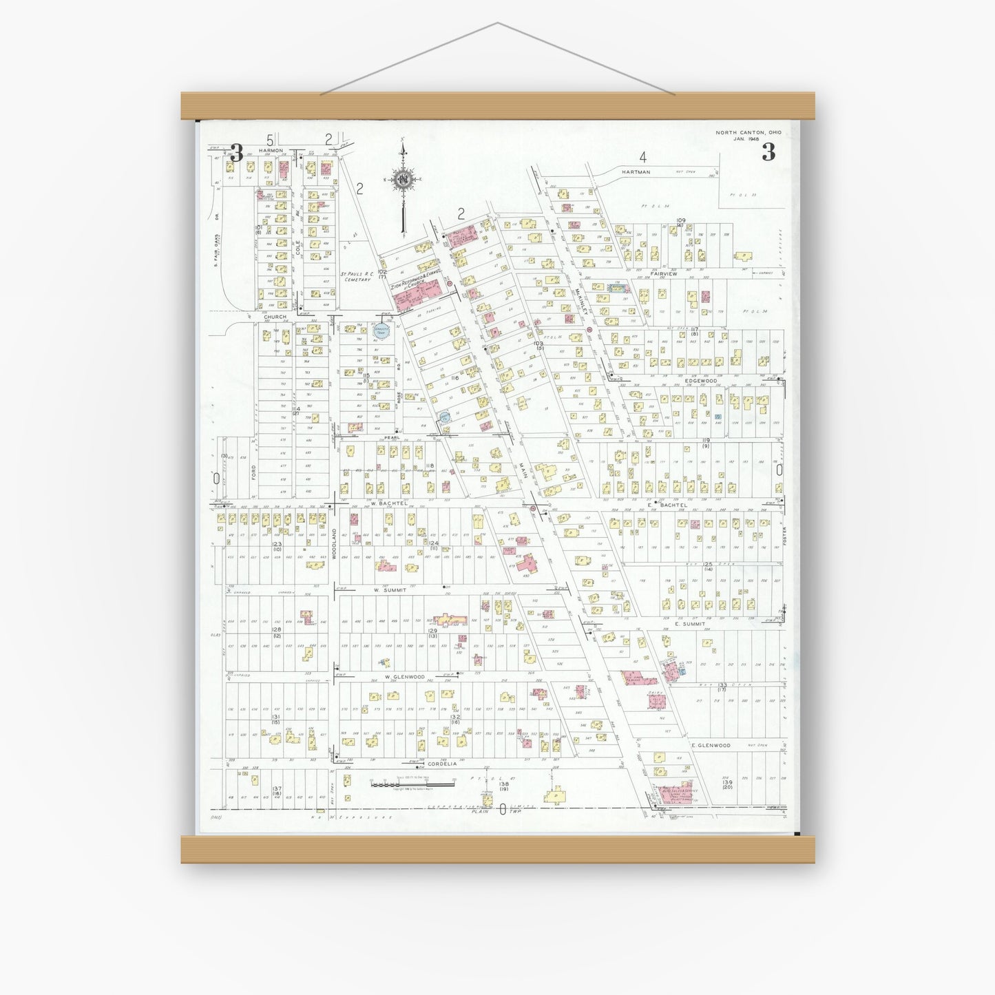 Old map wall art mockup — magnetic wood frame on white wall — Sanborn Fire Insurance Map from North Canton, Stark County, Ohio (1948), Sheet #0003