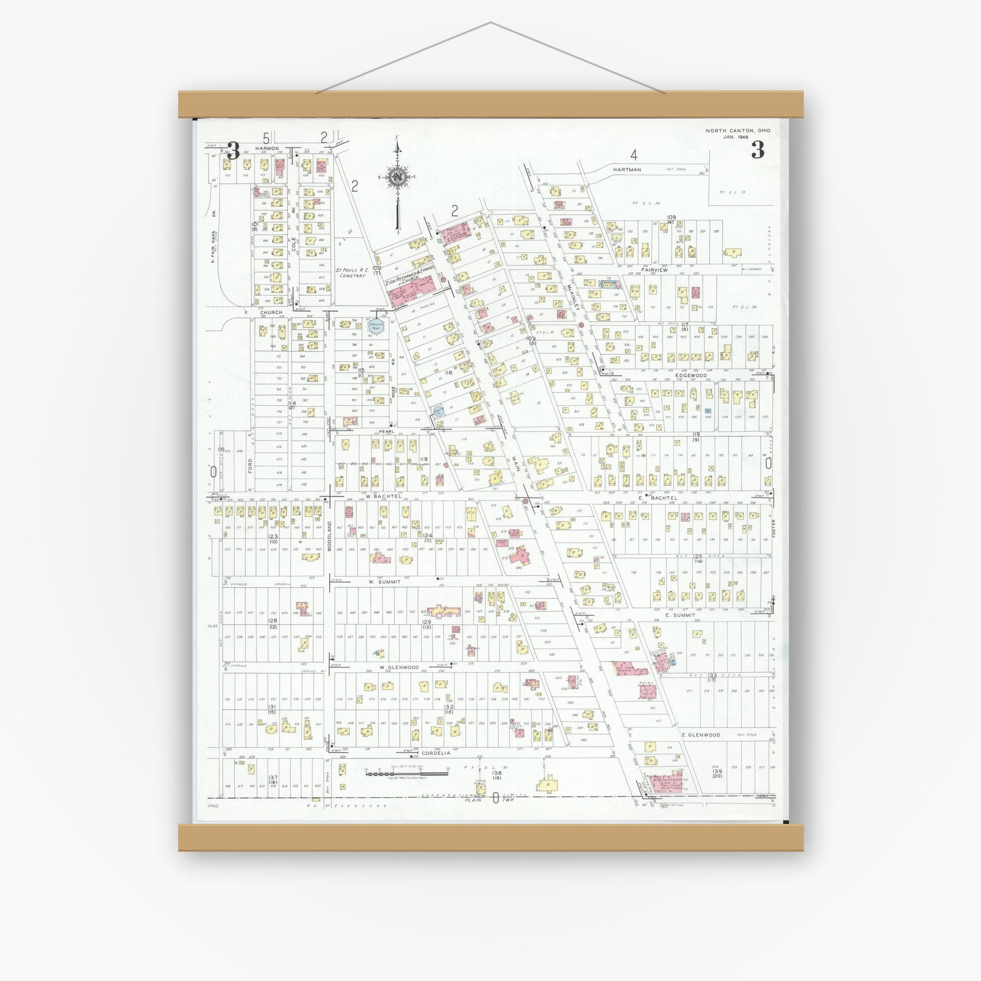 Old map wall art mockup — magnetic wood frame on white wall — Sanborn Fire Insurance Map from North Canton, Stark County, Ohio (1948), Sheet #0003