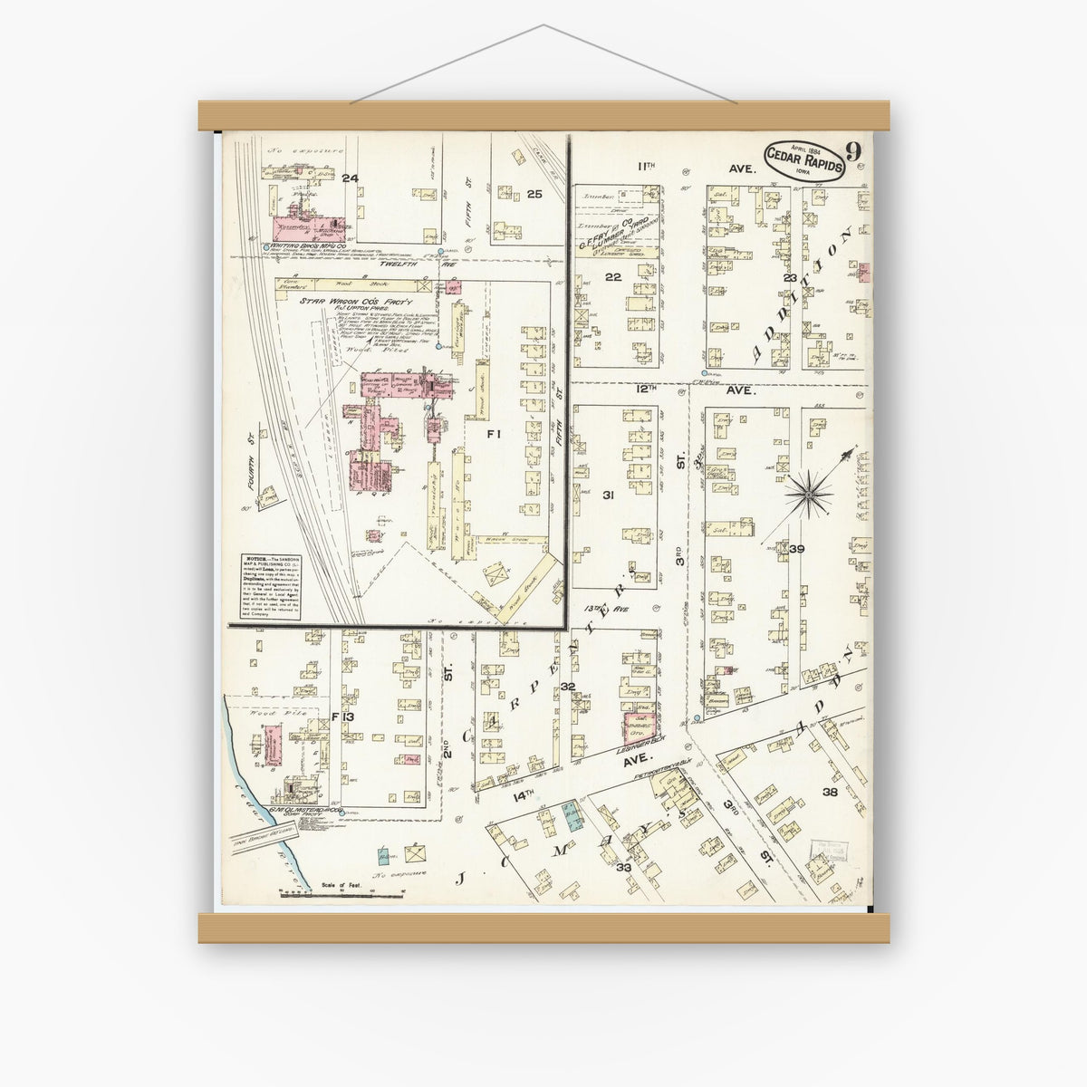 Old map wall art mockup — magnetic wood frame on white wall — Sanborn Fire Insurance Map from Cedar Rapids, Linn County, Iowa (1884), Sheet #0009