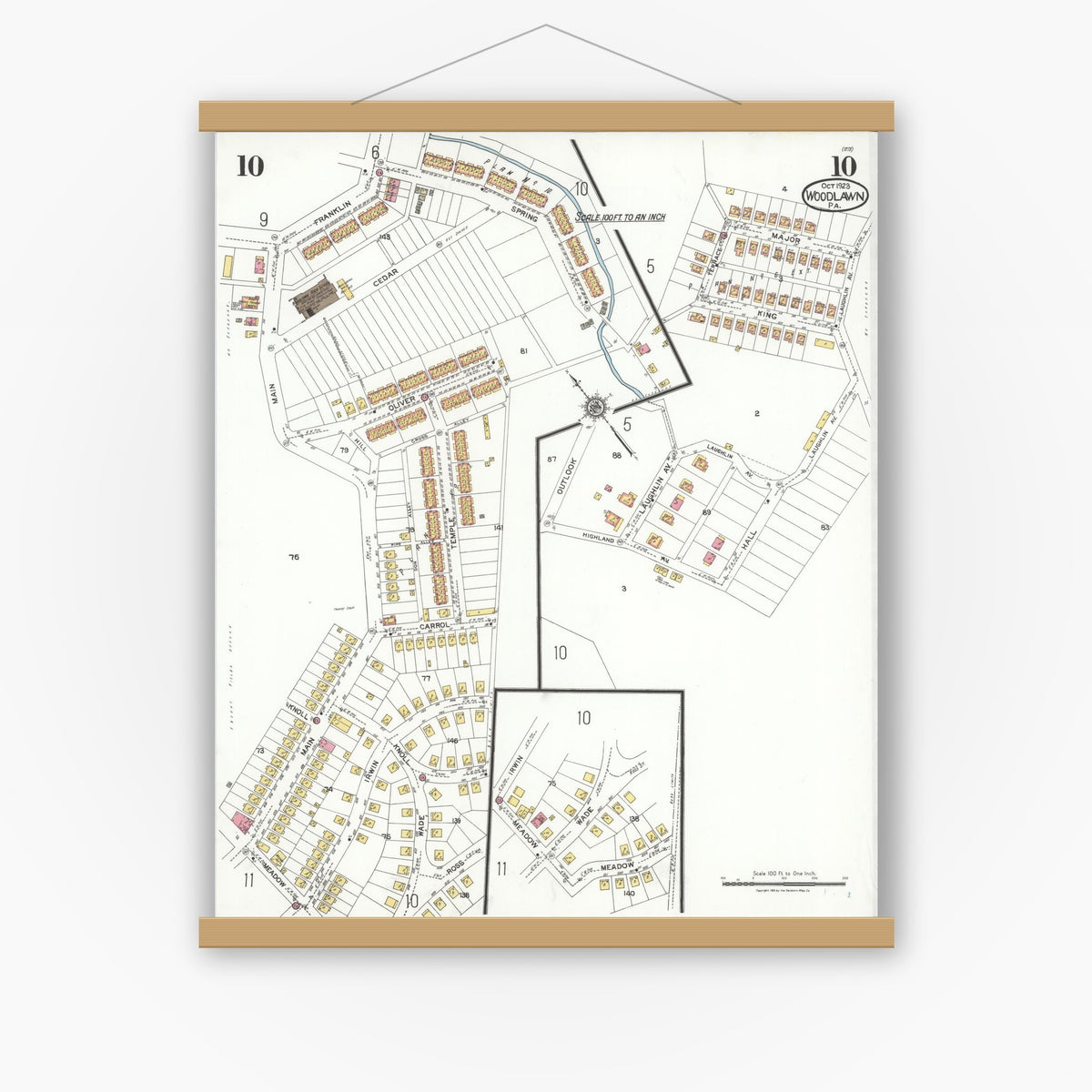Old map wall art mockup — magnetic wood frame on white wall — Sanborn Fire Insurance Map from Woodlawn, Beaver County, Pennsylvania (1923), Sheet #0010