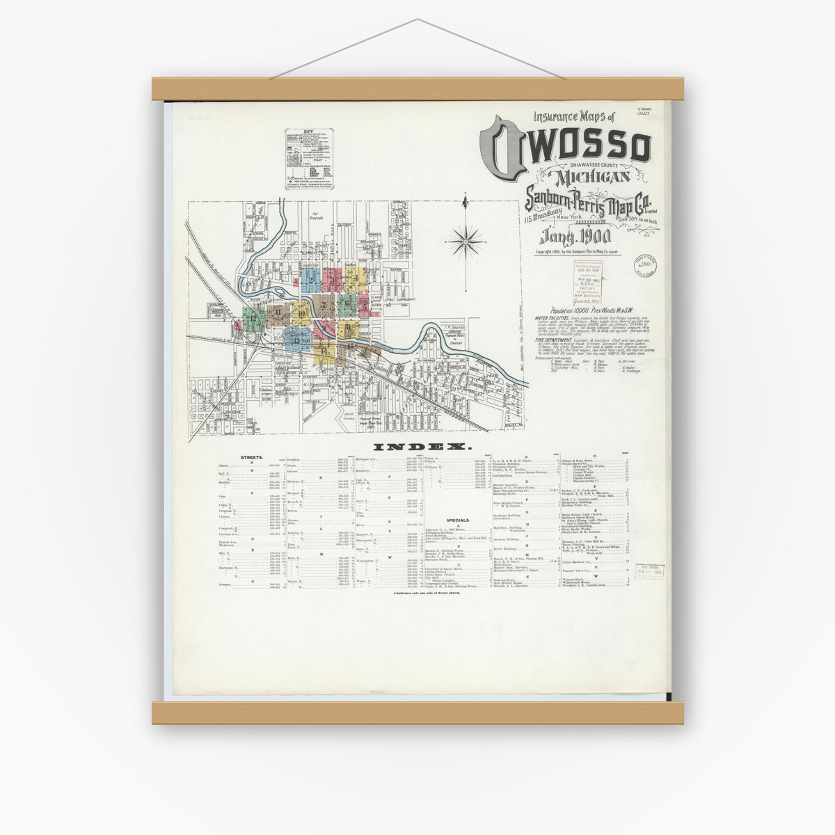Old map wall art mockup — magnetic wood frame on white wall — Sanborn Fire Insurance Map from Owosso, Shiawassee County, Michigan (1900), Sheet #0001
