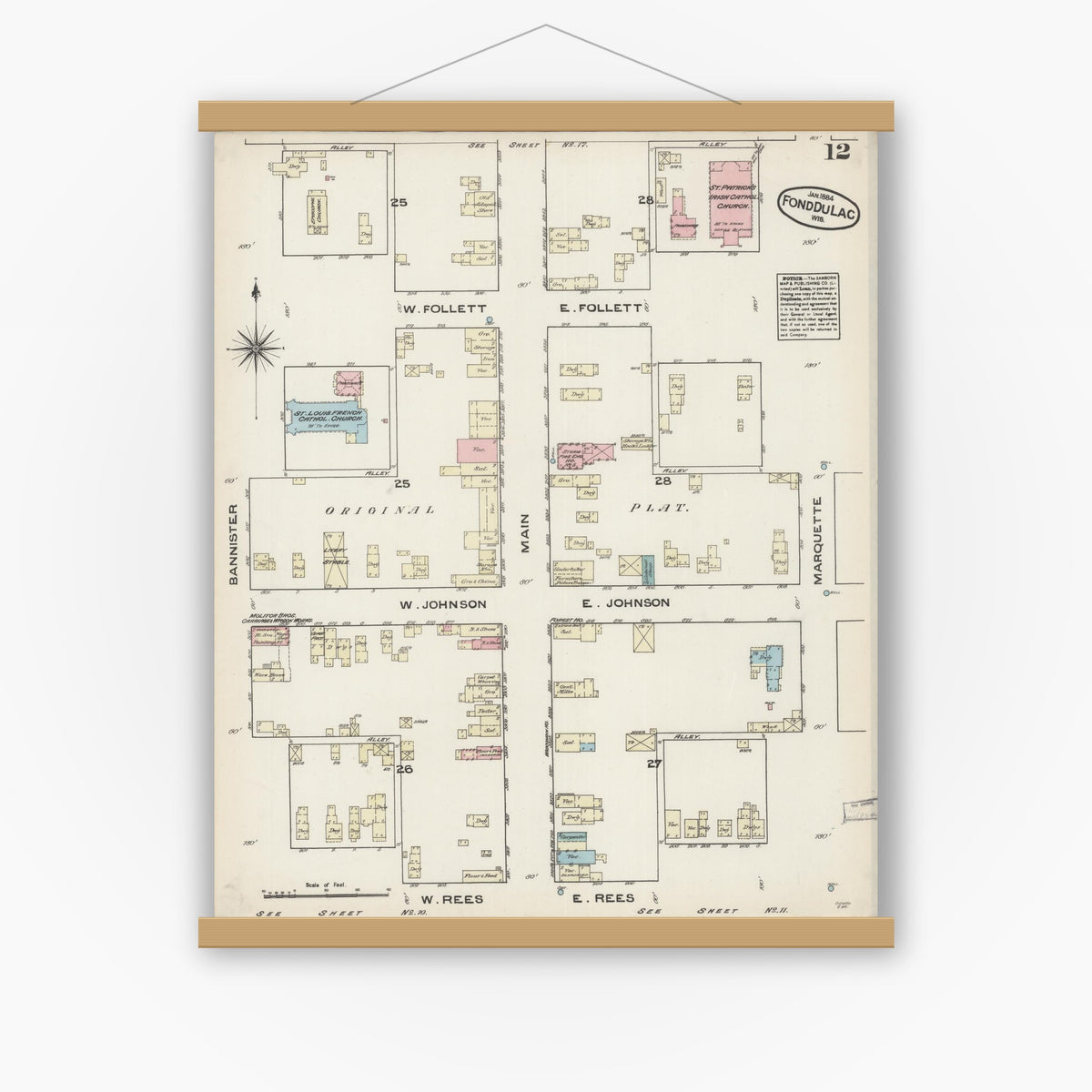 Old map wall art mockup — magnetic wood frame on white wall — Sanborn Fire Insurance Map from Fond du Lac, Fond du Lac County, Wisconsin (1884), Sheet #0012