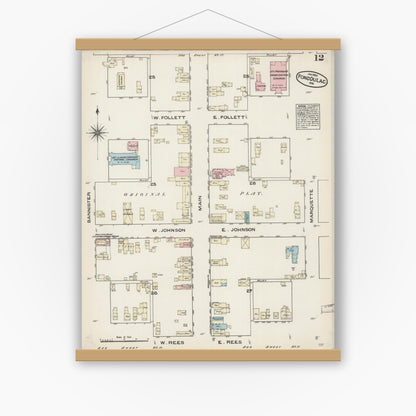 Old map wall art mockup — magnetic wood frame on white wall — Sanborn Fire Insurance Map from Fond du Lac, Fond du Lac County, Wisconsin (1884), Sheet #0012