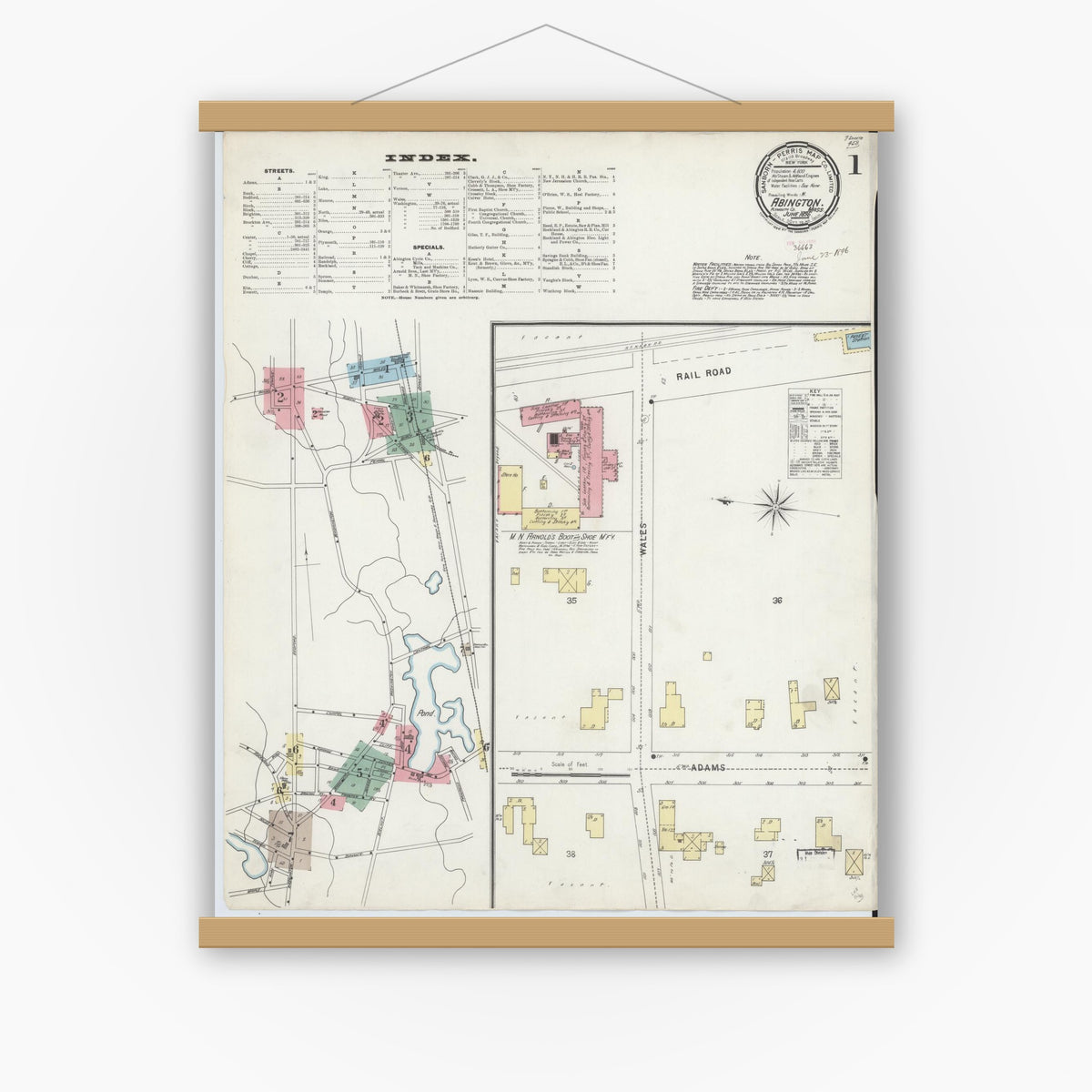 Old map wall art mockup — magnetic wood frame on white wall — Sanborn Fire Insurance Map from Abington, Plymouth County, Massachusetts (1896) - Complete Map Set
