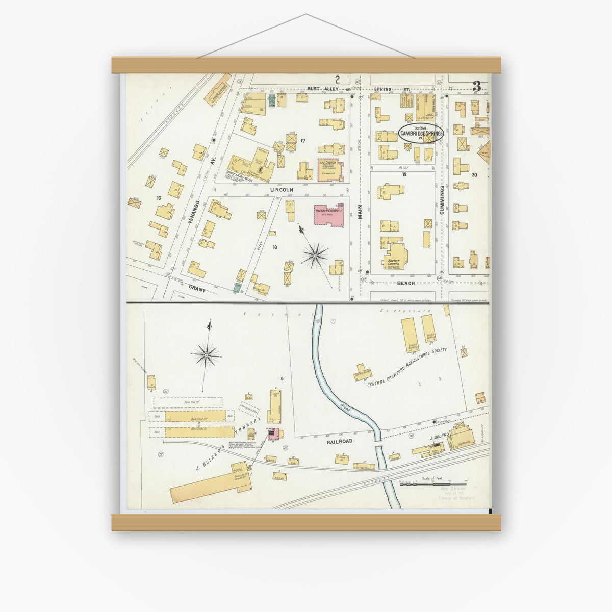 Old map wall art mockup — magnetic wood frame on white wall — Sanborn Fire Insurance Map from Cambridge Springs, Crawford County, Pennsylvania (1899), Sheet #0003