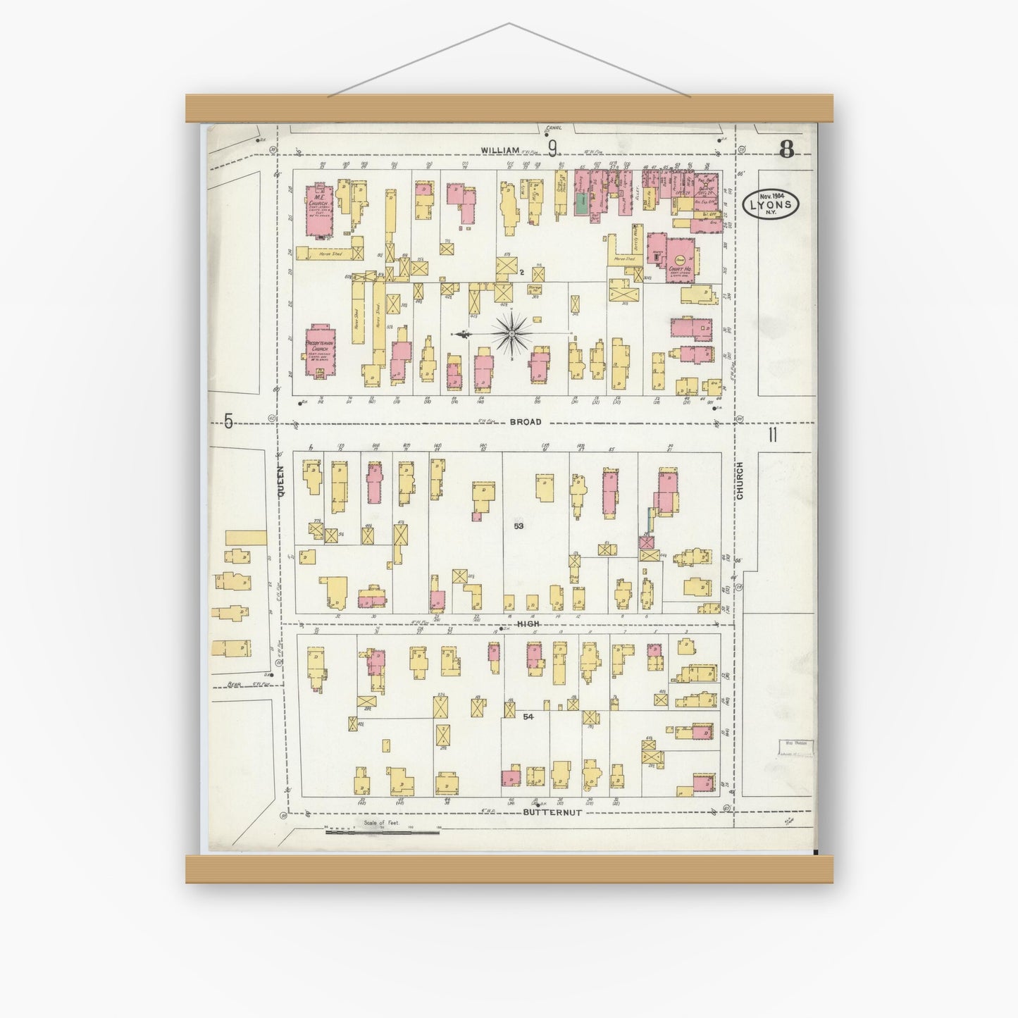 Old map wall art mockup — magnetic wood frame on white wall — Sanborn Fire Insurance Map from Lyons, Wayne County, New York (1904), Sheet #0008