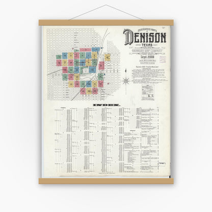 Old map wall art mockup — magnetic wood frame on white wall — Sanborn Fire Insurance Map from Denison, Grayson County, Texas (1908) - Complete Map Set