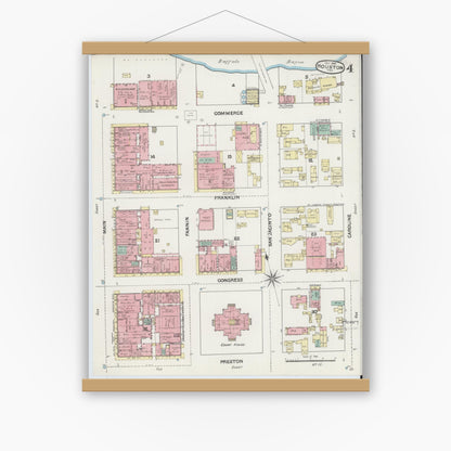 Old map wall art mockup — magnetic wood frame on white wall — Sanborn Fire Insurance Map from Houston, Harris County, Texas (1890), Sheet #0004
