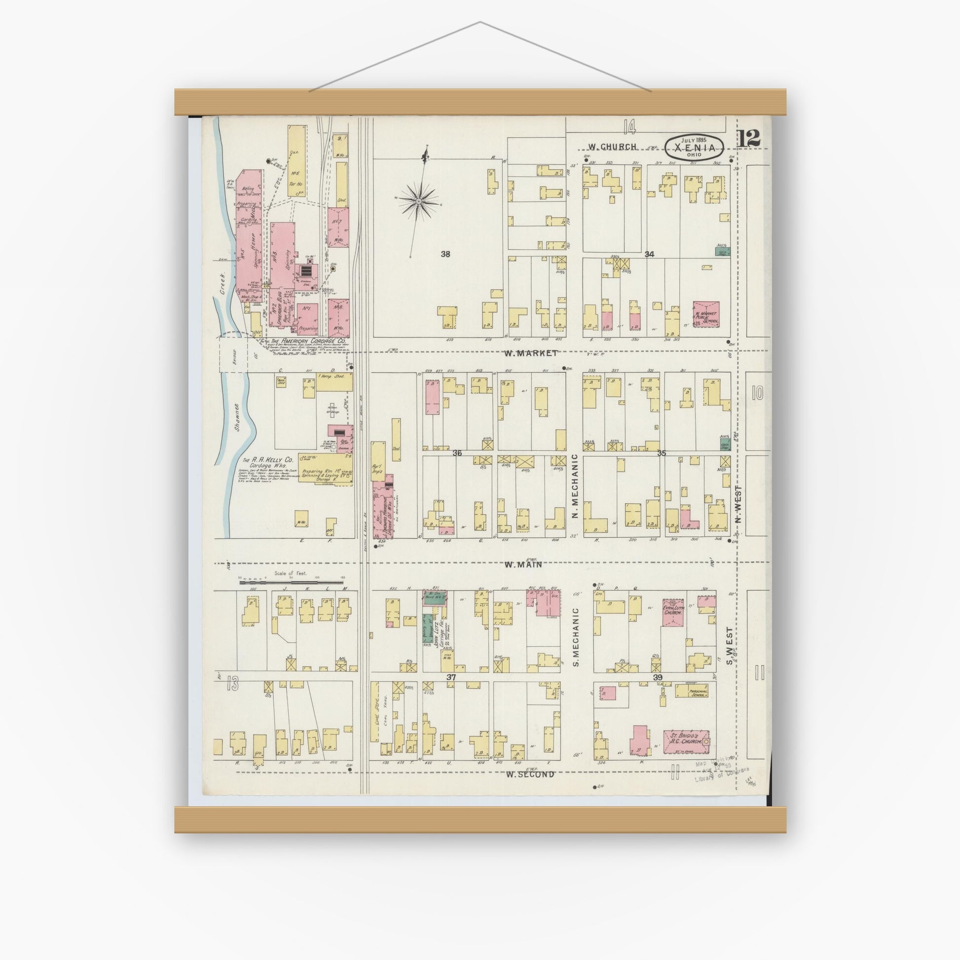 Old map wall art mockup — magnetic wood frame on white wall — Sanborn Fire Insurance Map from Xenia, Greene County, Ohio (1895), Sheet #0012
