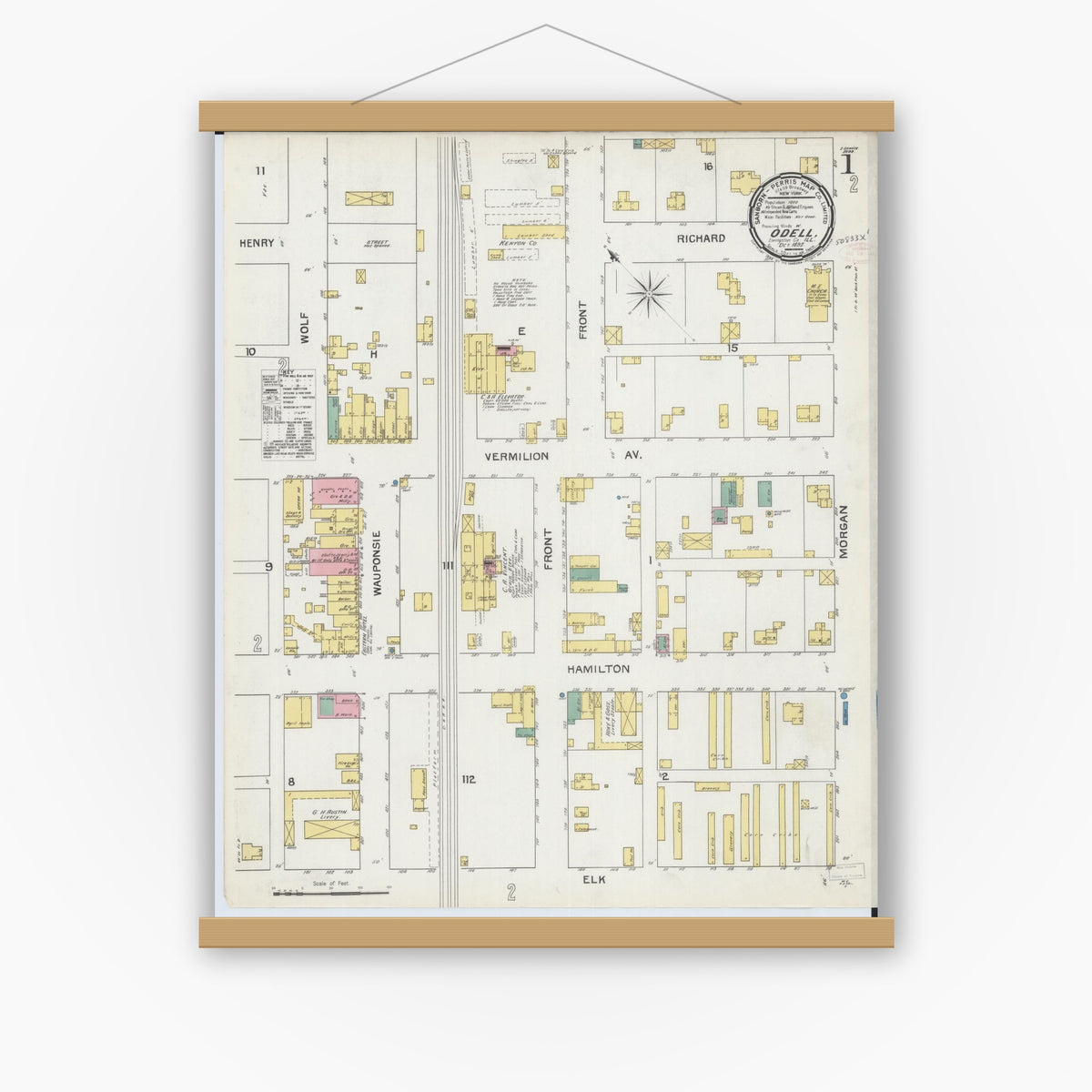 Old map wall art mockup — magnetic wood frame on white wall — Sanborn Fire Insurance Map from Odell, Livingston County, Illinois (1892) - Complete Map Set