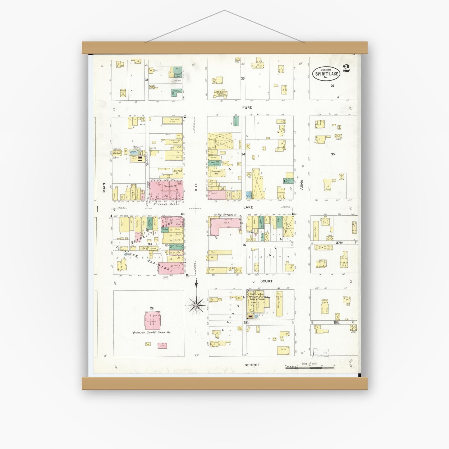 Old map wall art mockup — magnetic wood frame on white wall — Sanborn Fire Insurance Map from Spirit Lake, Dickinson County, Iowa (1907), Sheet #0002
