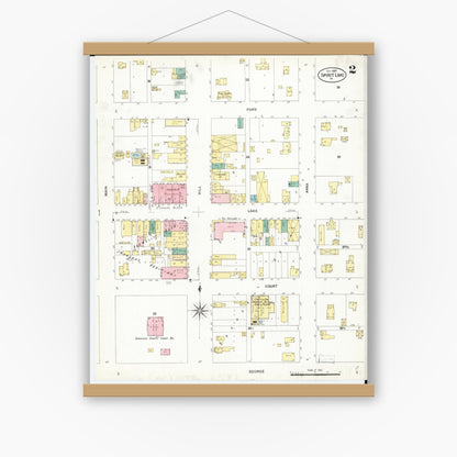 Old map wall art mockup — magnetic wood frame on white wall — Sanborn Fire Insurance Map from Spirit Lake, Dickinson County, Iowa (1907), Sheet #0002