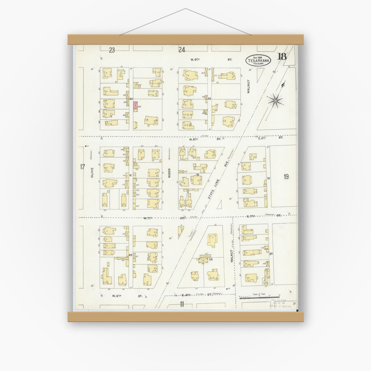 Old map wall art mockup — magnetic wood frame on white wall — Sanborn Fire Insurance Map from Texarkana, Bowie County, Texas (1905), Sheet #0018