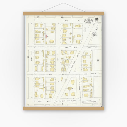 Old map wall art mockup — magnetic wood frame on white wall — Sanborn Fire Insurance Map from Texarkana, Bowie County, Texas (1905), Sheet #0018