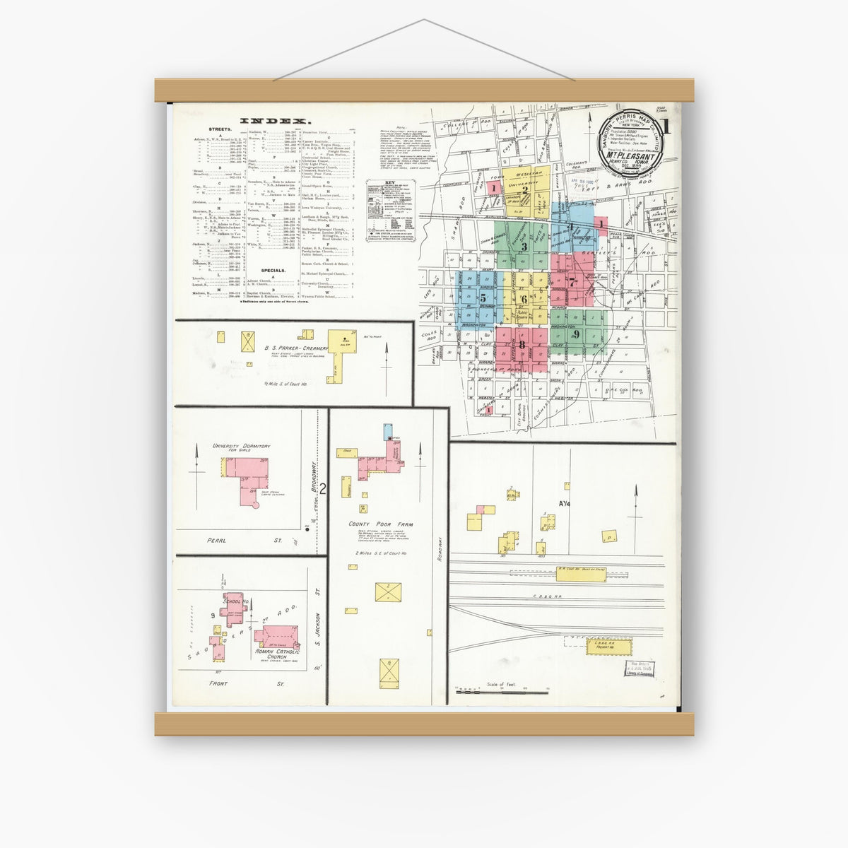 Old map wall art mockup — magnetic wood frame on white wall — Sanborn Fire Insurance Map from Mount Pleasant, Henry County, Iowa (1899) â€” Complete Set