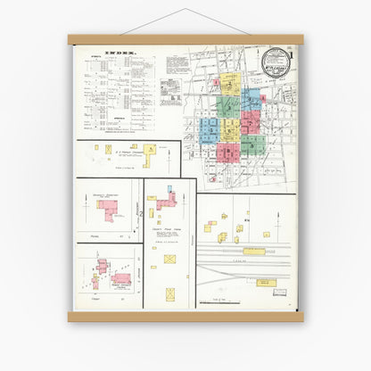 Old map wall art mockup — magnetic wood frame on white wall — Sanborn Fire Insurance Map from Mount Pleasant, Henry County, Iowa (1899) â€” Complete Set