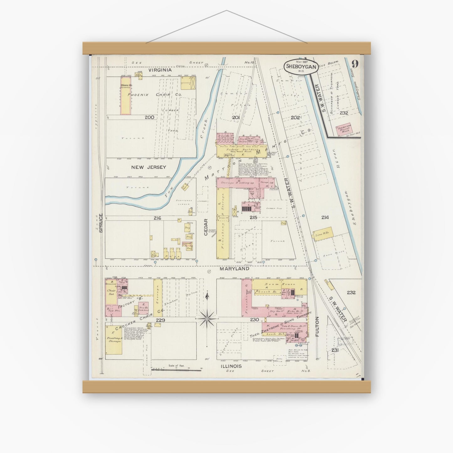 Old map wall art mockup — magnetic wood frame on white wall — Sanborn Fire Insurance Map from Sheboygan, Sheboygan County, Wisconsin (1887), Sheet #0009