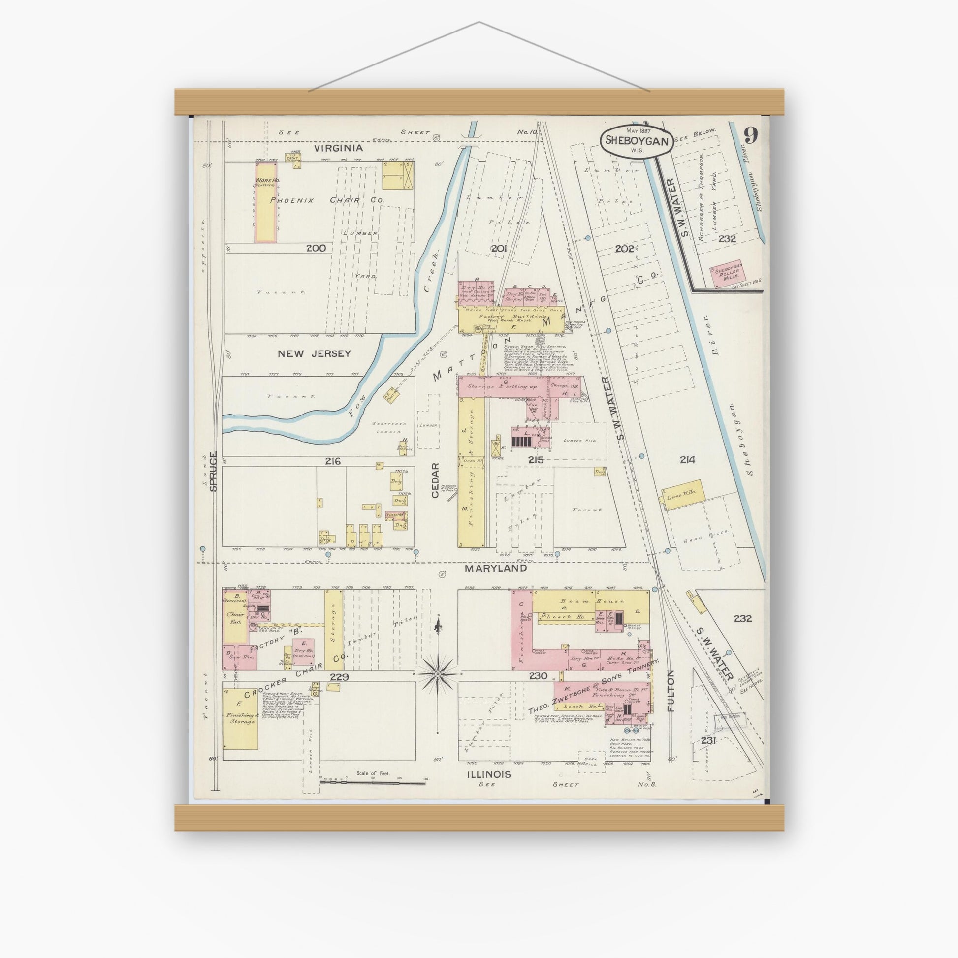 Old map wall art mockup — magnetic wood frame on white wall — Sanborn Fire Insurance Map from Sheboygan, Sheboygan County, Wisconsin (1887), Sheet #0009