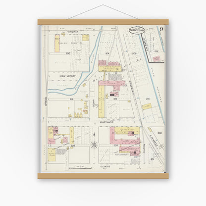 Old map wall art mockup — magnetic wood frame on white wall — Sanborn Fire Insurance Map from Sheboygan, Sheboygan County, Wisconsin (1887), Sheet #0009