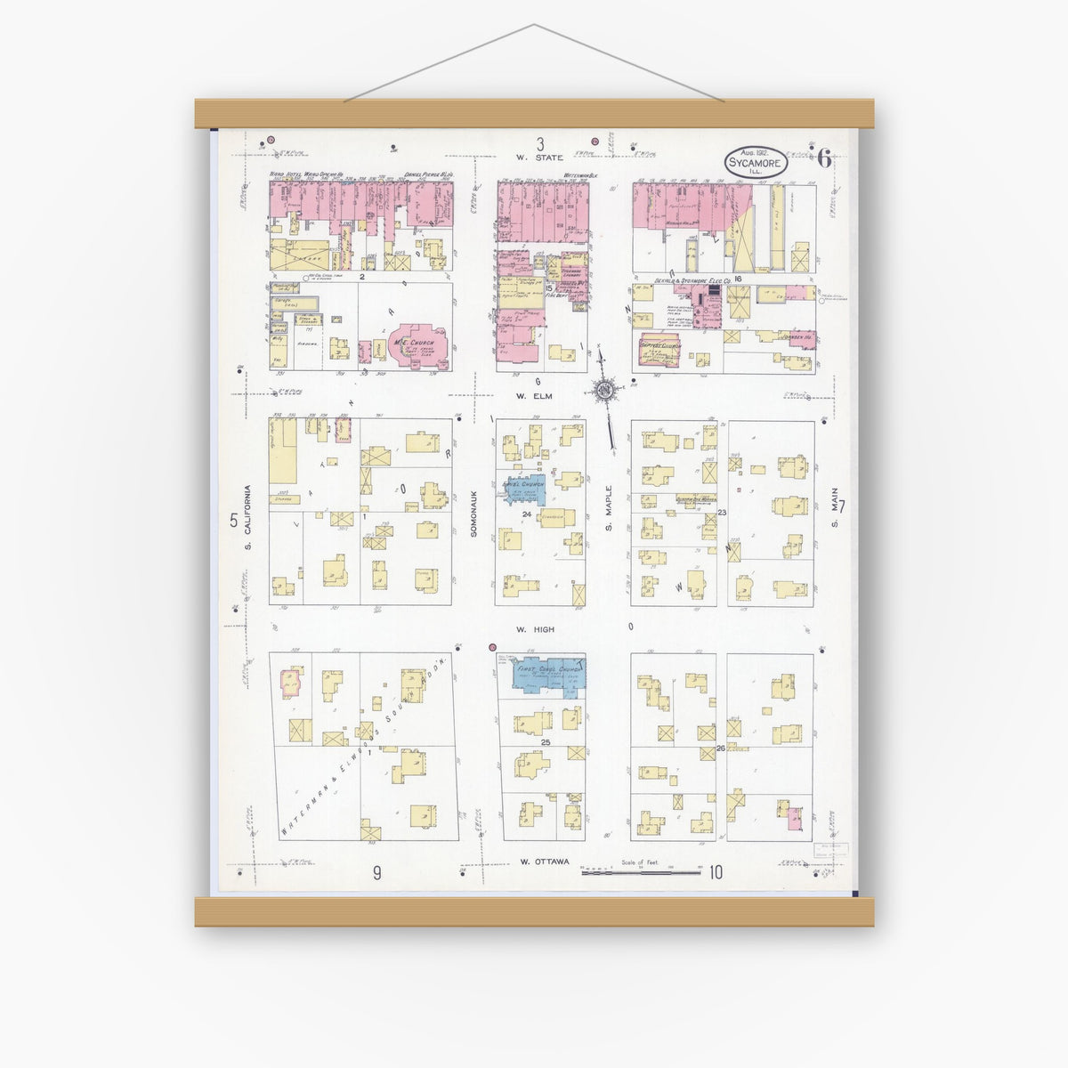 Old map wall art mockup — magnetic wood frame on white wall — Sanborn Fire Insurance Map from Sycamore, De Kalb County, Illinois (1912), Sheet #0006