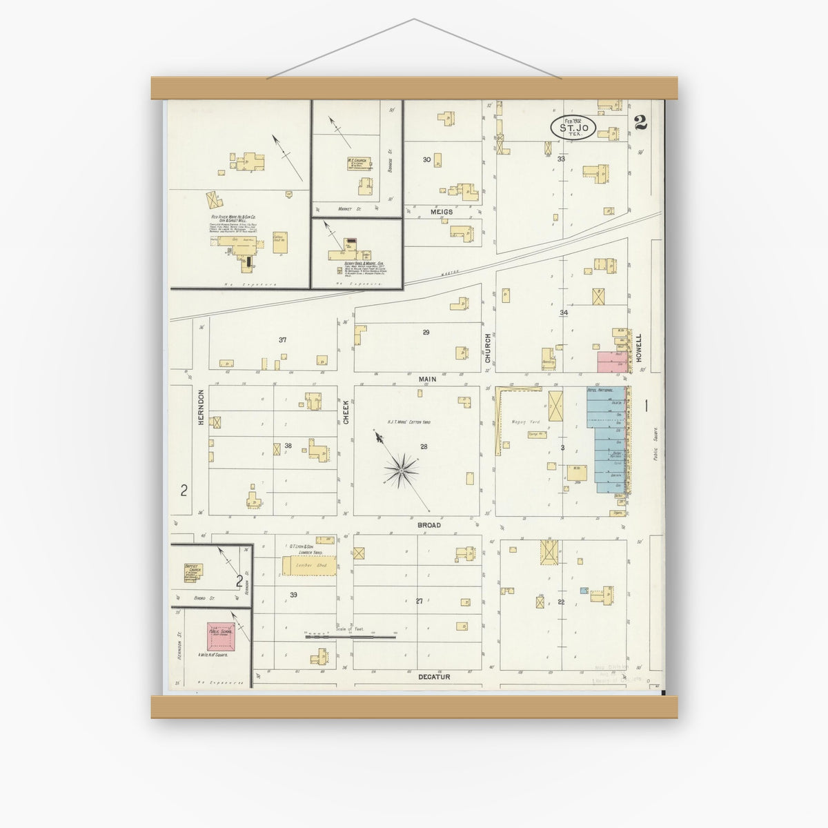 Old map wall art mockup — magnetic wood frame on white wall — Sanborn Fire Insurance Map from Saint Jo, Montague County, Texas (1902), Sheet #0002