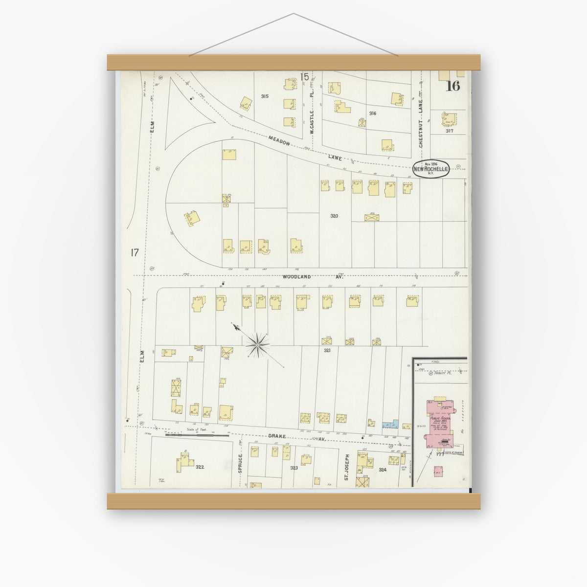 Old map wall art mockup — magnetic wood frame on white wall — Sanborn Fire Insurance Map from New Rochelle, Westchester County, New York (1896), Sheet #0016