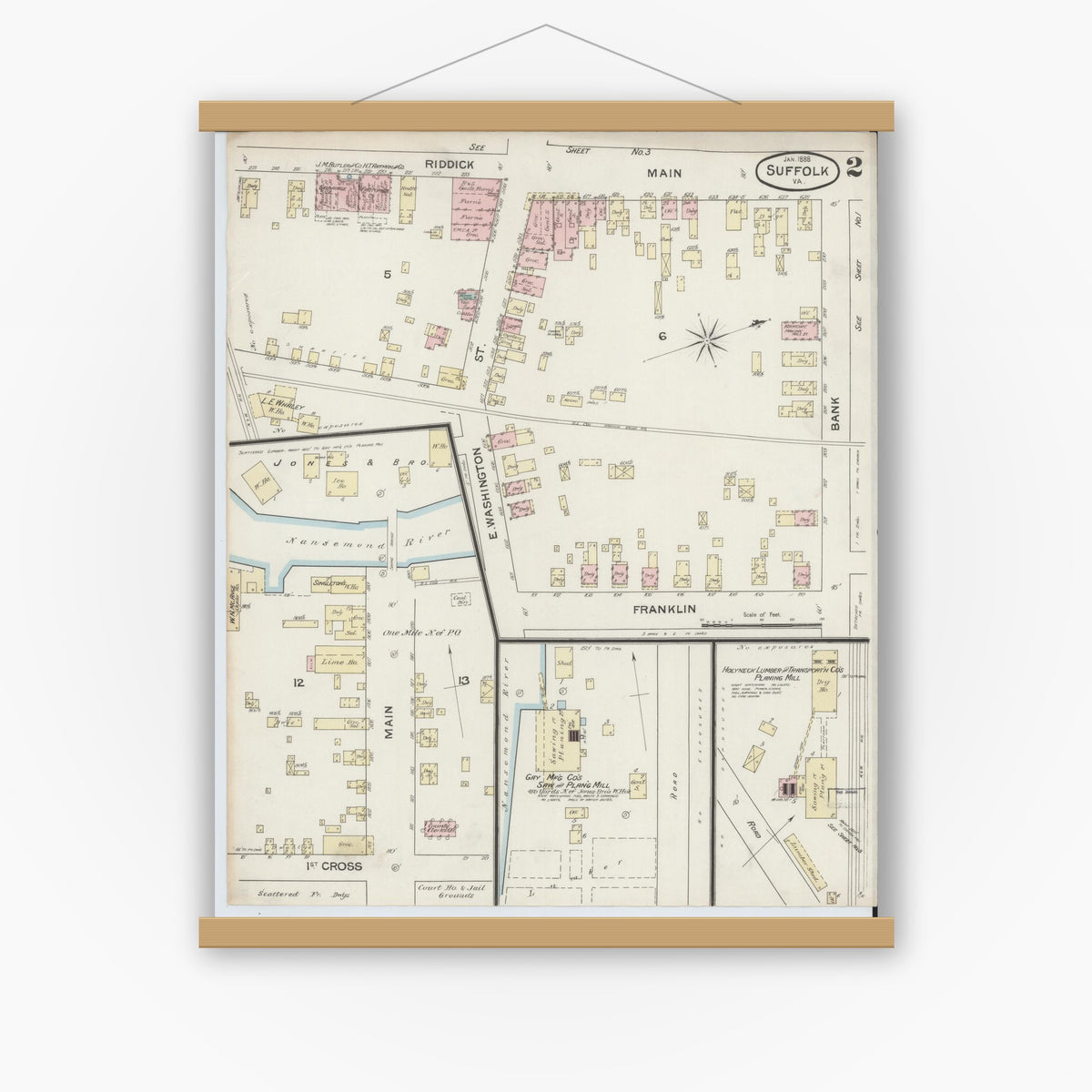 Old map wall art mockup — magnetic wood frame on white wall — Sanborn Fire Insurance Map from Suffolk, Independent Cities, Virginia (1888), Sheet #0002